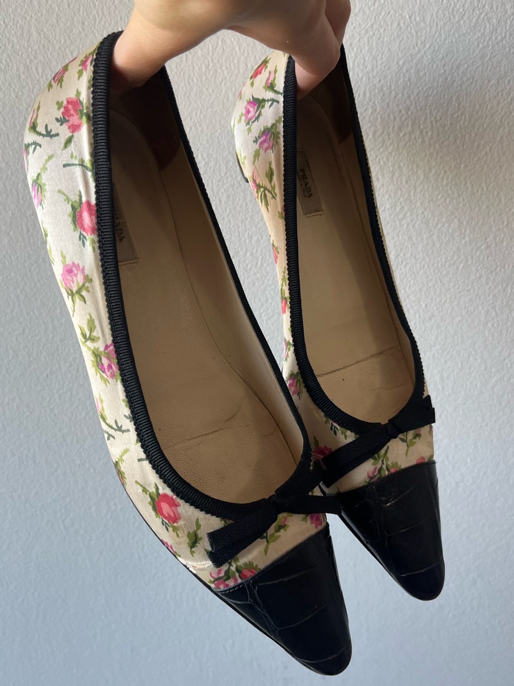 PRADA cream & black floral flats